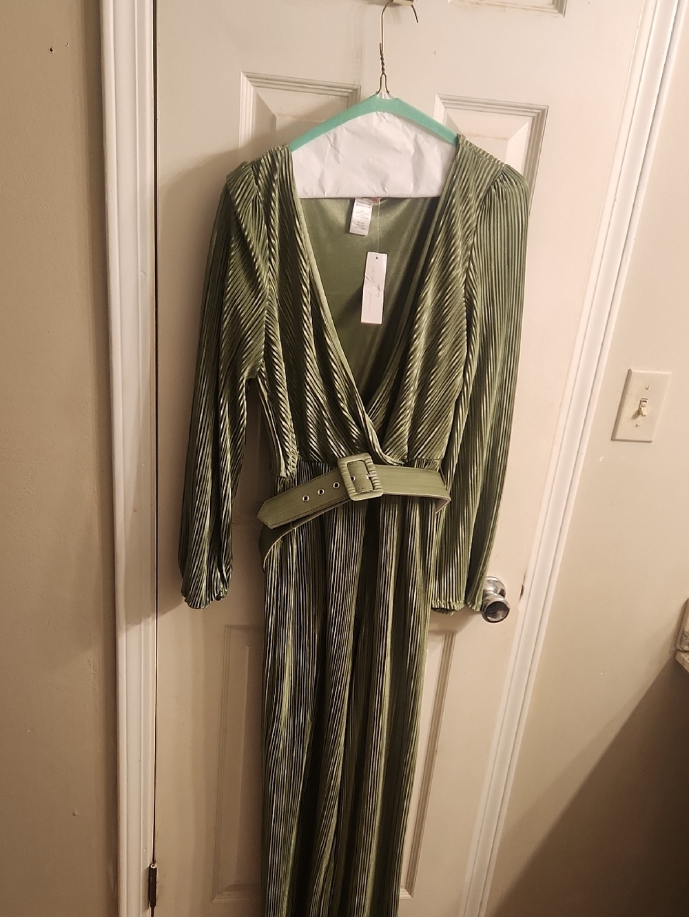 Olive Green Pleated Wrap Maxi Dress with Belt